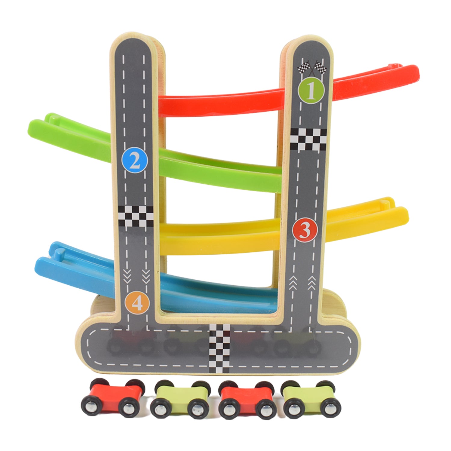 Car Racer Track Play Set Wooden Click Clack Toys With 4 Mini Racers (1 Set) Car Racer Track Play Set Wooden Click Clack Toys With 4 Mini Racers (1 Set)